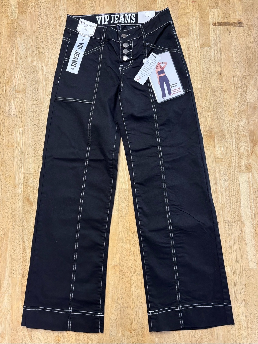 NWT VIP Jeans Brand Black Wide-Leg Contrast Stitch Cotton Blend Cargo Pants